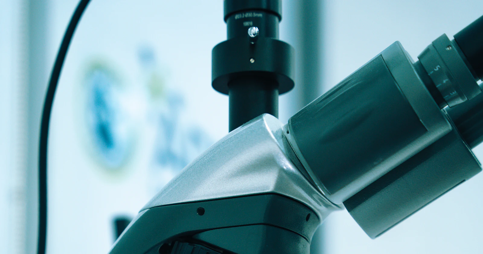 A microscope on a laboratory bench.